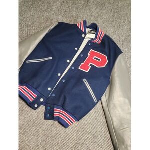 Vintage Butwin Varsity Jacket Mens 42 Navy Blue Wool Grey Leather Sleeves Letter